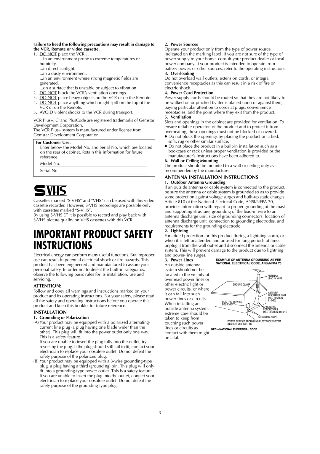 Panasonic AG-3200P manual For Customer Use, Grounding or Polarization, Power Sources, Overloading, Power Cord Protection 