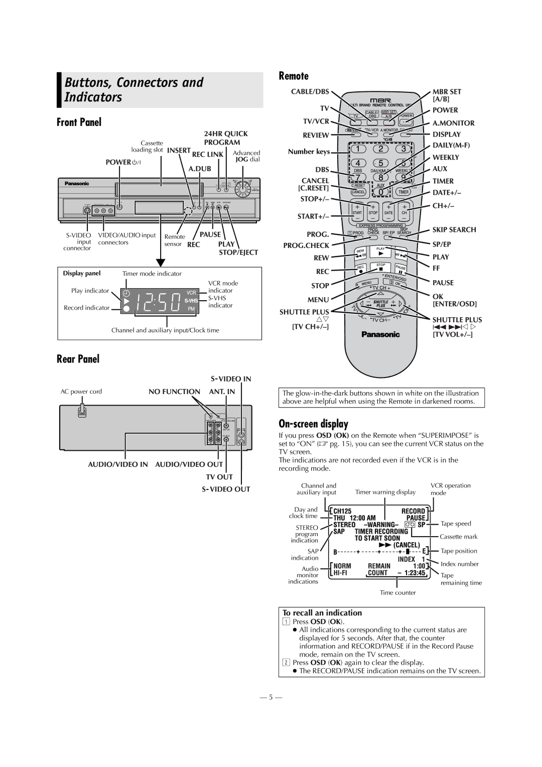 Panasonic AG-3200P manual Buttons, Connectors and Indicators, Remote Front Panel, Rear Panel, On-screen display 