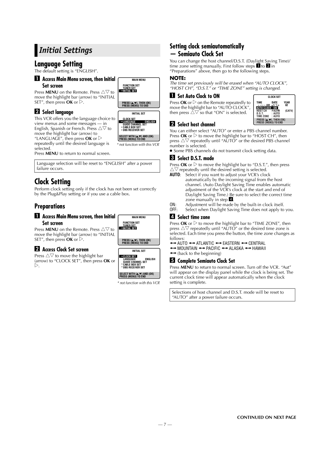 Panasonic AG-3200P Initial Settings, Language Setting, Clock Setting, Setting clock semiautomatically Semiauto Clock Set 