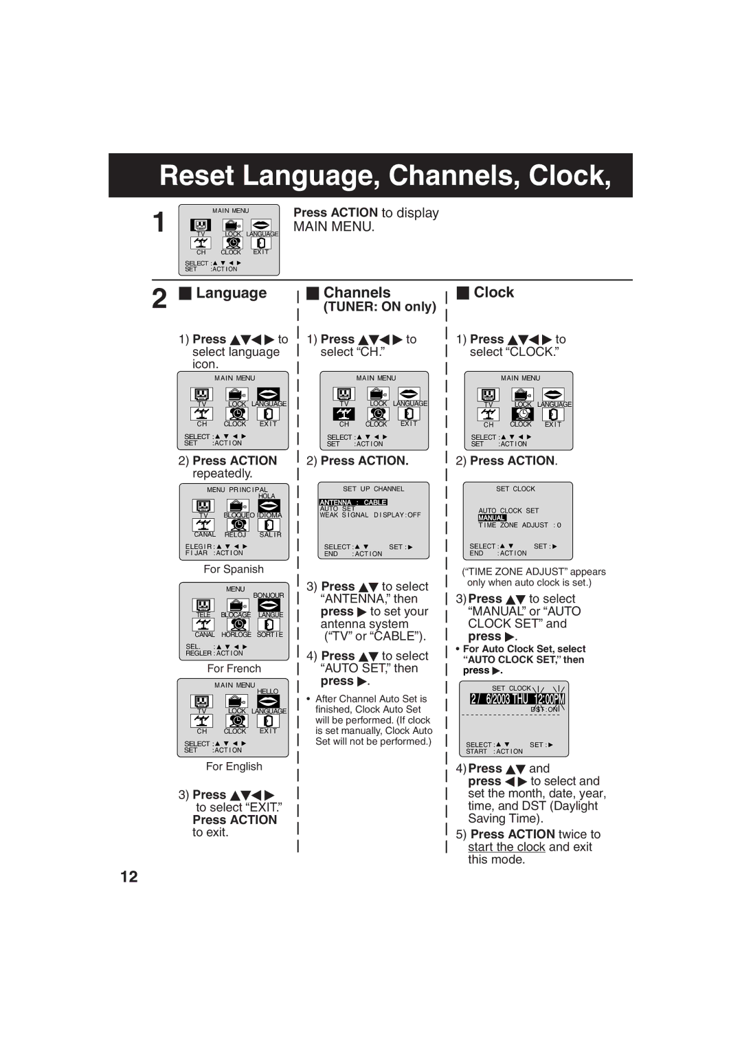 Panasonic AG-520F, AG-513F operating instructions Reset Language, Channels, Clock, THU 1200PM 