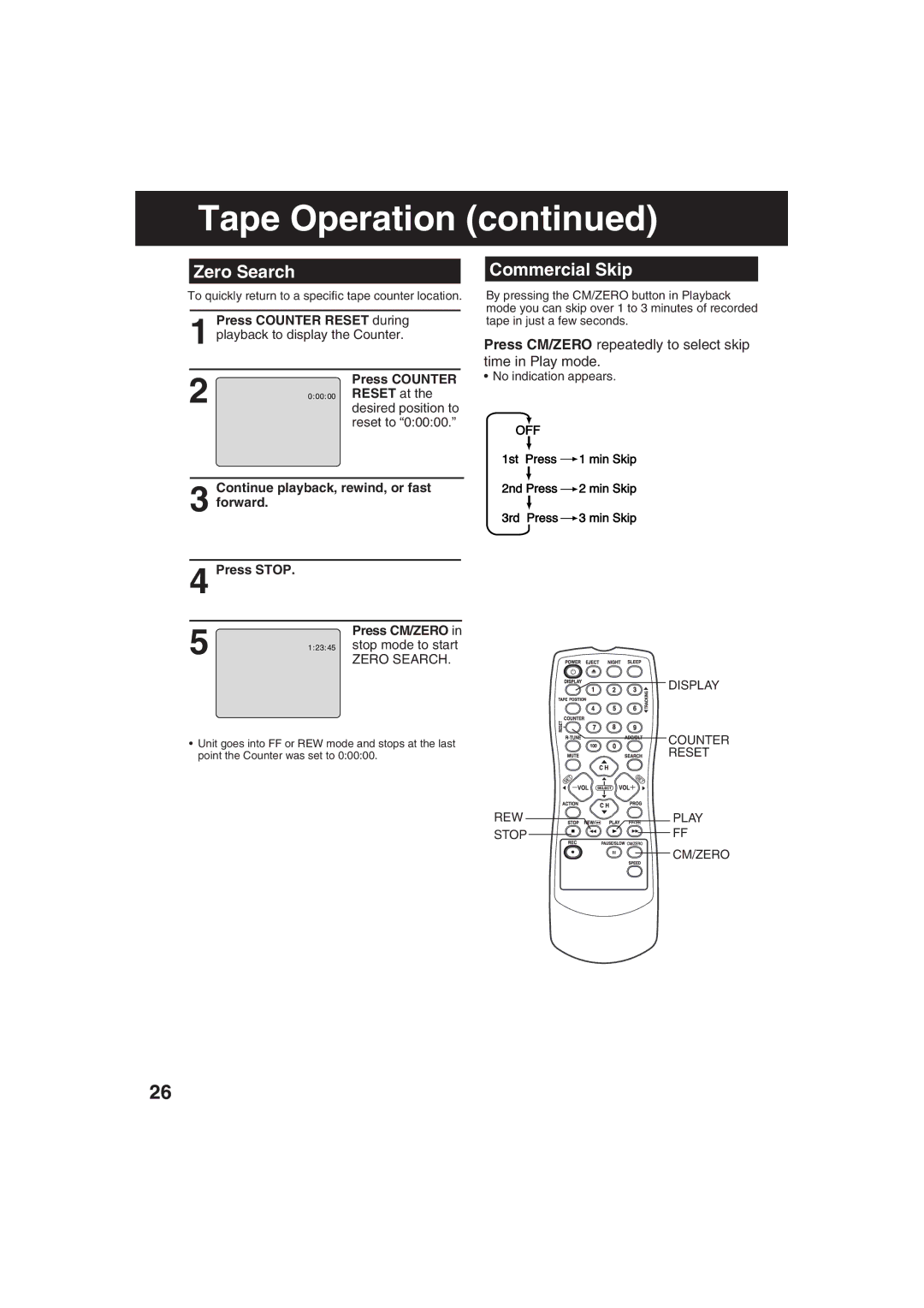 Panasonic AG-520F, AG-513F Zero Search, Commercial Skip, Press CM/ZERO repeatedly to select skip time in Play mode 