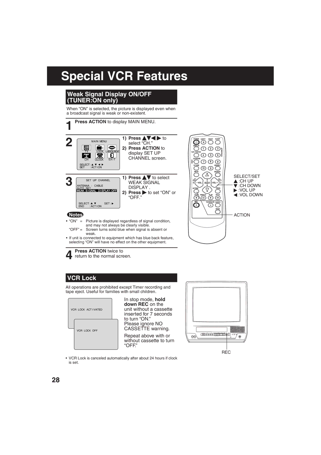 Panasonic AG-520F, AG-513F Special VCR Features, Weak Signal Display ON/OFF Tuneron only, VCR Lock, Press Action twice to 