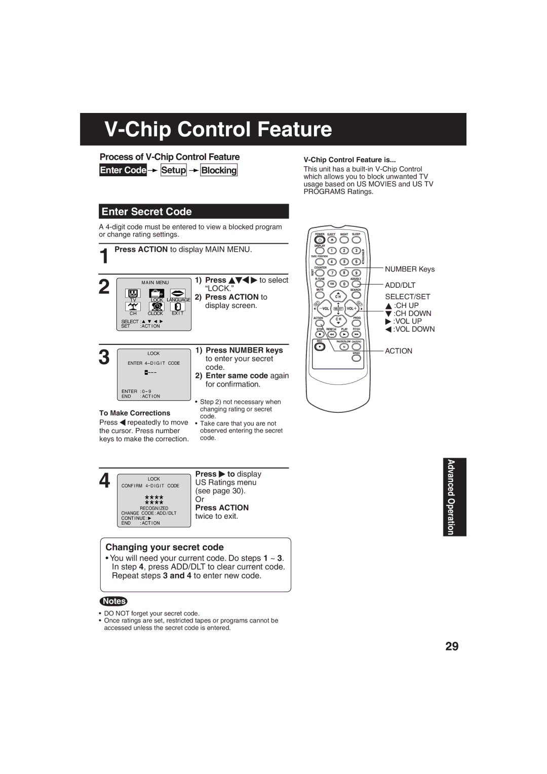 Panasonic AG-513F, AG-520F Enter Secret Code, Process of V-Chip Control Feature Enter Code Setup Blocking 