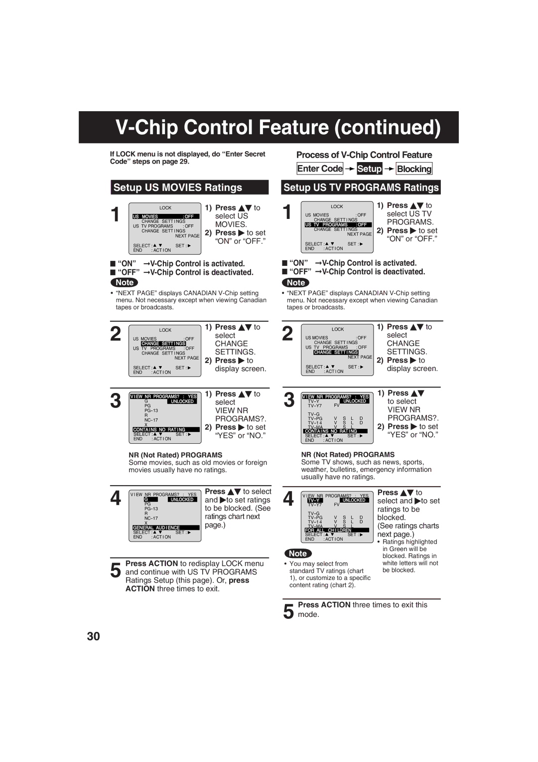 Panasonic AG-520F Setup US Movies Ratings, Setup US TV Programs Ratings, Press to select and to set ratings to be blocked 