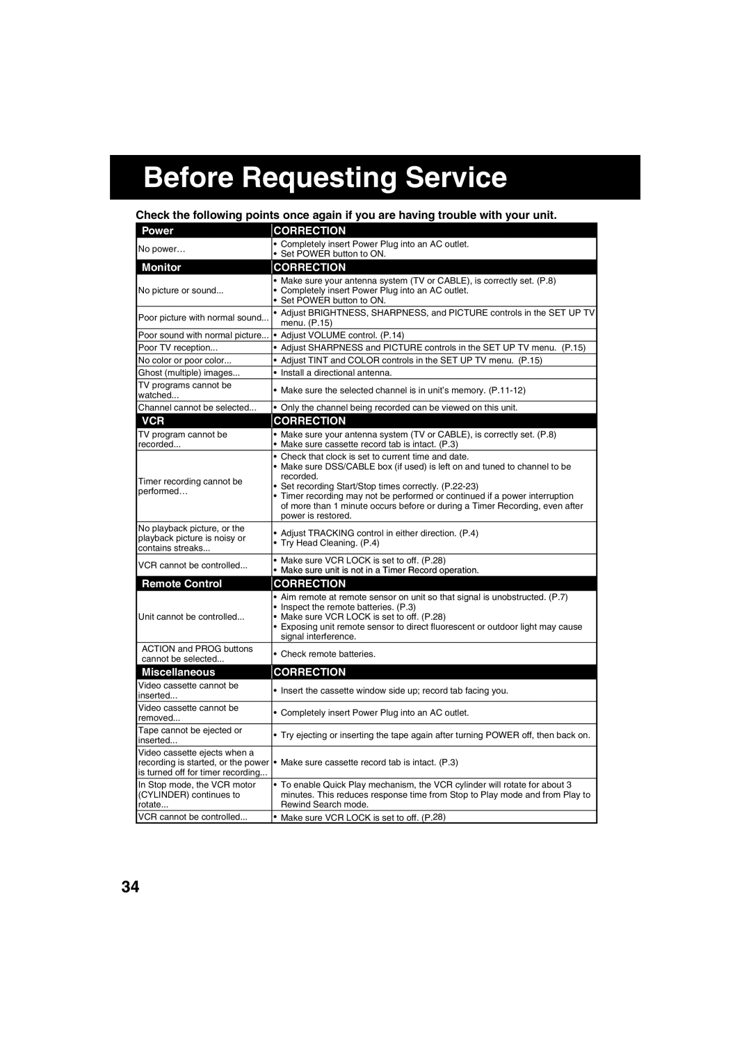 Panasonic AG-520F, AG-513F operating instructions Before Requesting Service, VCR Correction 