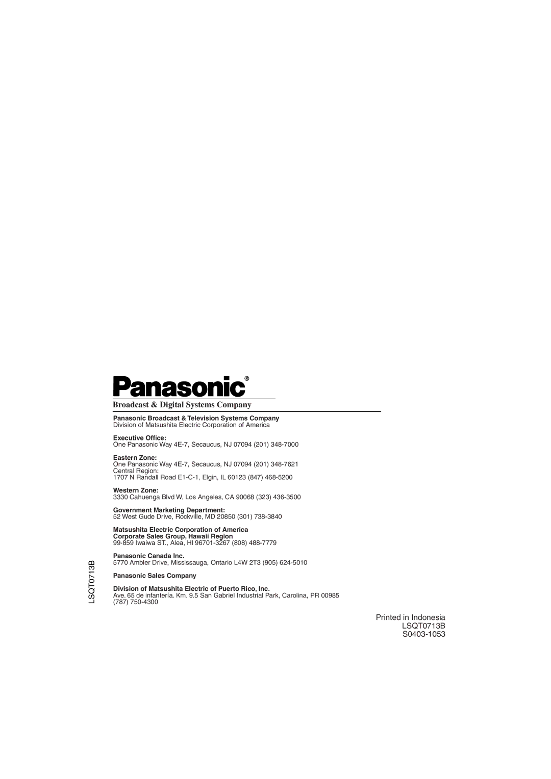 Panasonic AG-520F, AG-513F operating instructions Broadcast & Digital Systems Company 