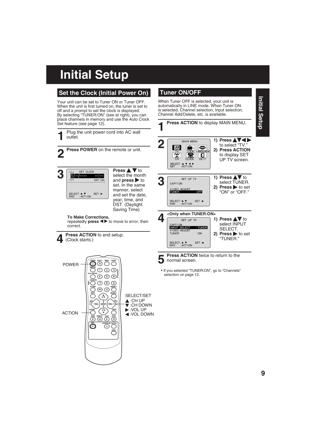 Panasonic AG-513F, AG-520F operating instructions Initial Setup, Set the Clock Initial Power On, Tuner ON/OFF 