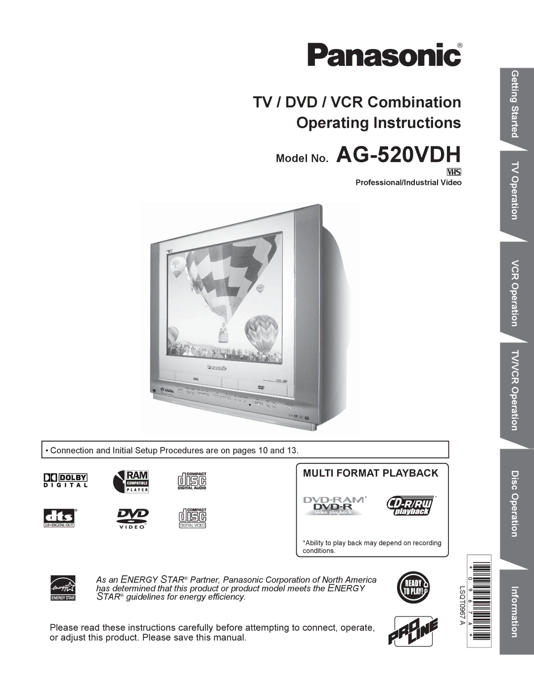 Panasonic AG-520VDH manual TV / DVD / VCR Combination Operating Instructions, Professional/Industrial Video 