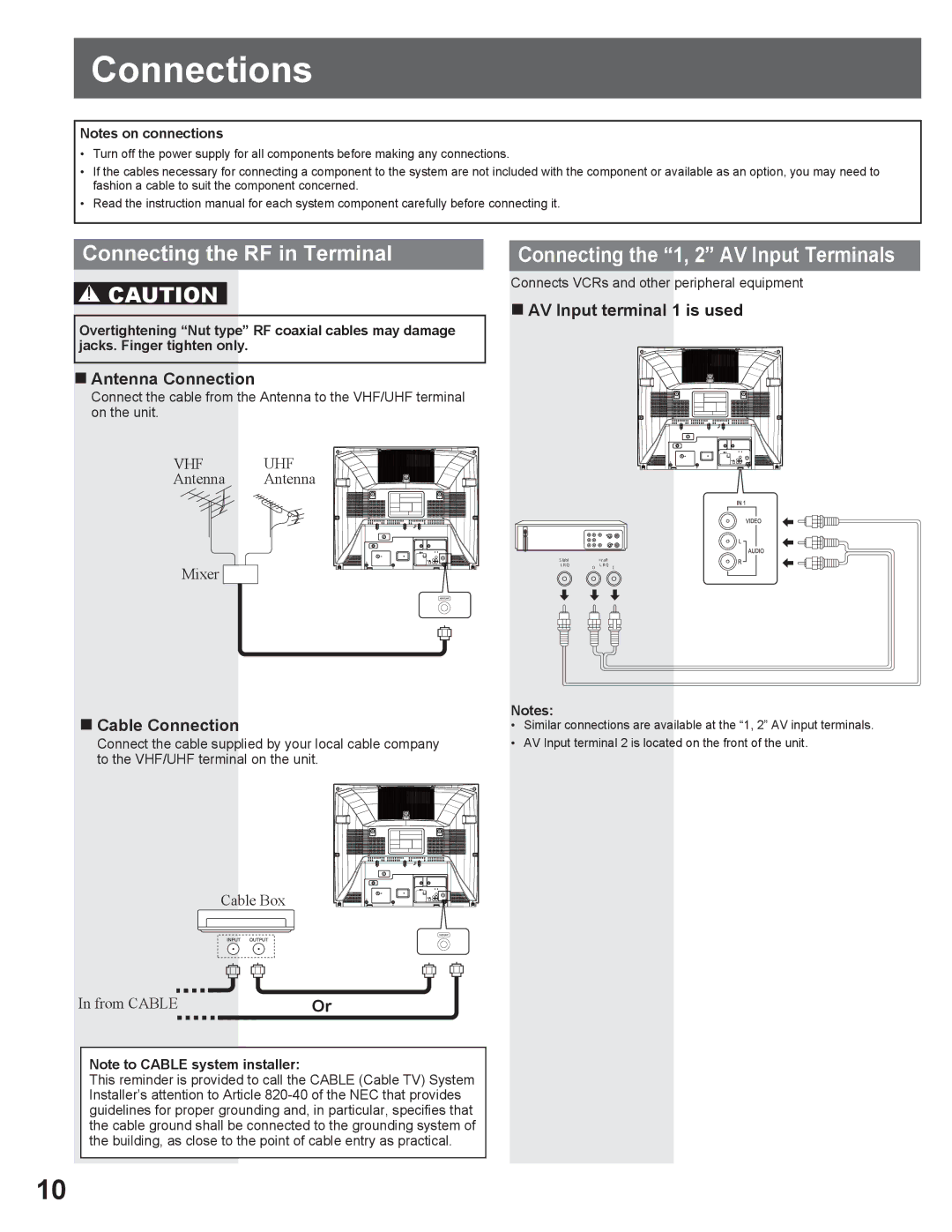 Panasonic AG-520VDH manual Connections, Connecting the RF in Terminal, Connecting the 1, 2 AV Input Terminals 