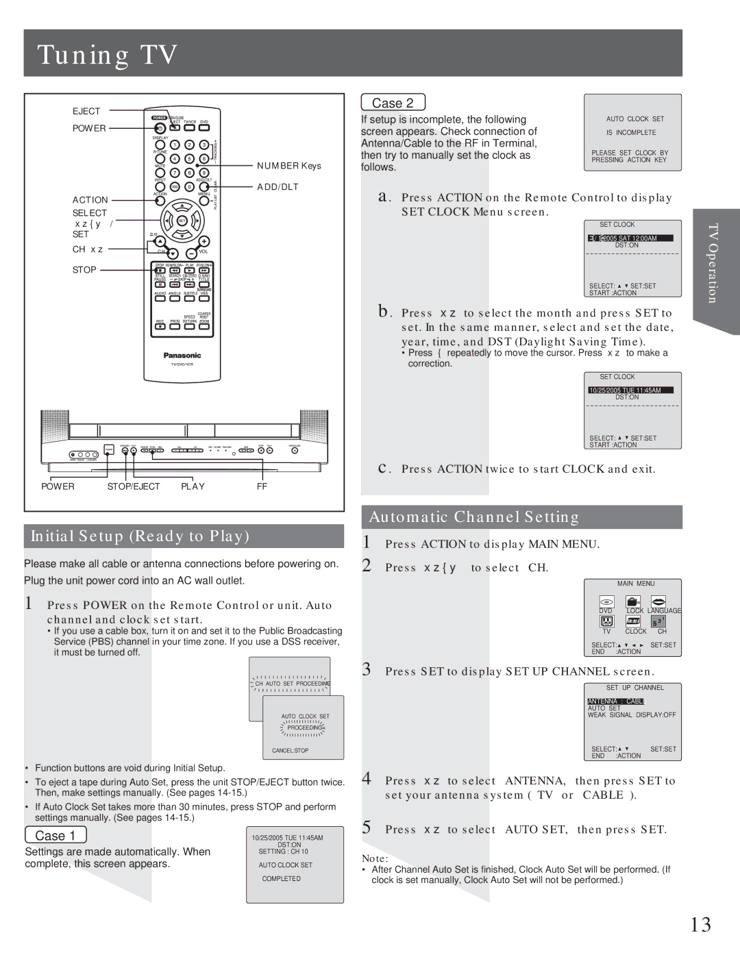 Panasonic AG-520VDH manual Tuning TV, Initial Setup Ready to Play, Automatic Channel Setting 