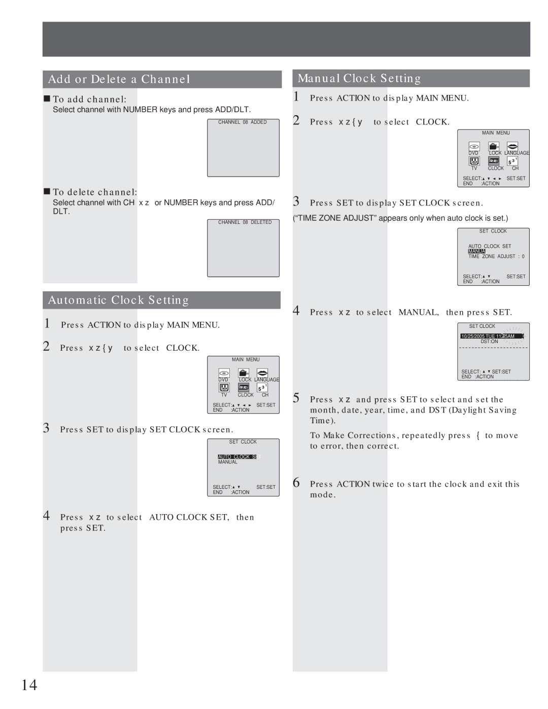 Panasonic AG-520VDH manual Add or Delete a Channel, Automatic Clock Setting, Manual Clock Setting, „ To add channel 