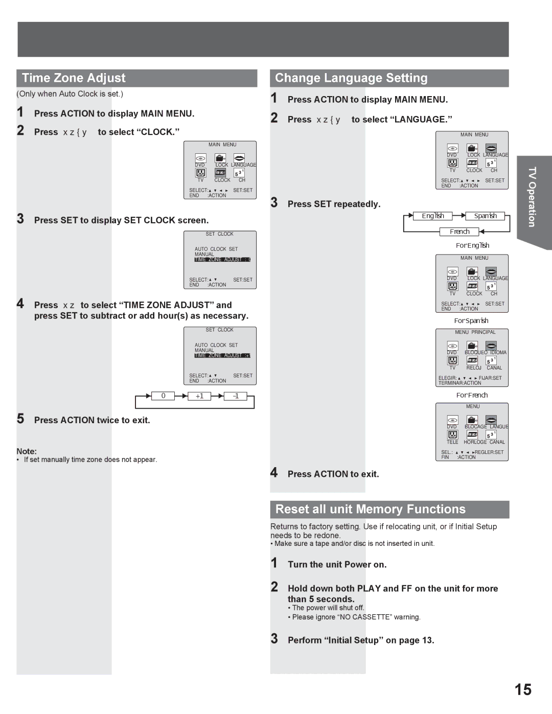 Panasonic AG-520VDH manual Time Zone Adjust, Change Language Setting, Reset all unit Memory Functions 