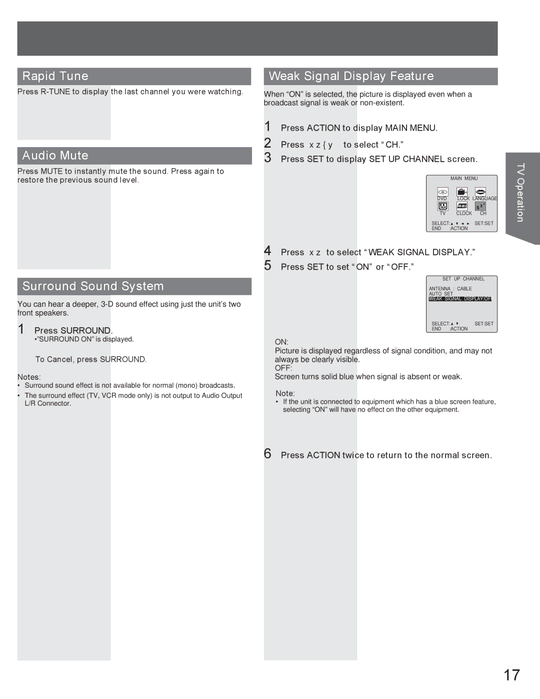 Panasonic AG-520VDH manual Rapid Tune, Audio Mute, Surround Sound System, Weak Signal Display Feature 