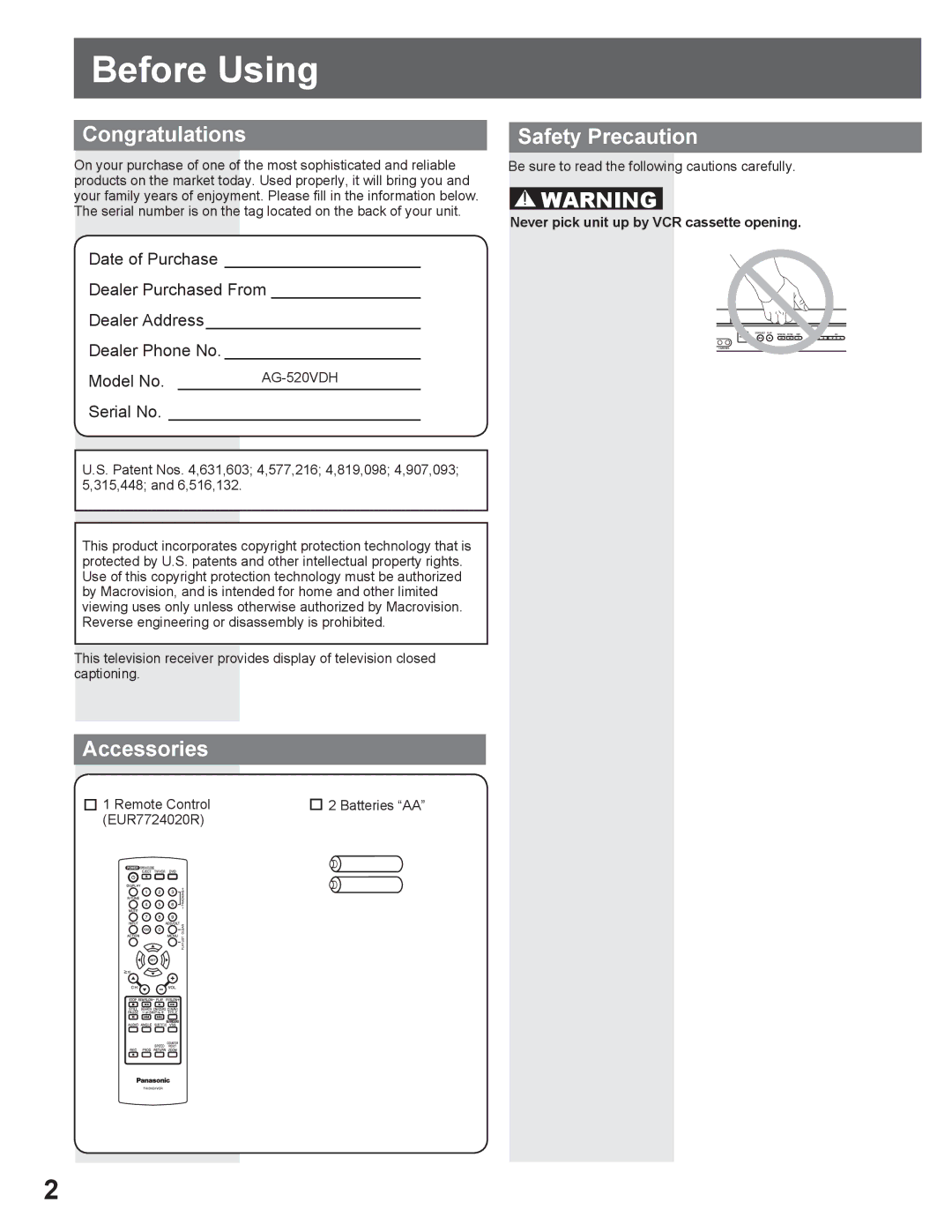 Panasonic AG-520VDH manual Before Using, Congratulations, Accessories, Safety Precaution 