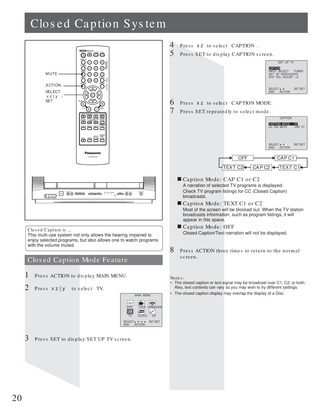 Panasonic AG-520VDH Closed Caption System, Closed Caption Mode Feature, „ Caption Mode CAP C1 or C2, „ Caption Mode OFF 