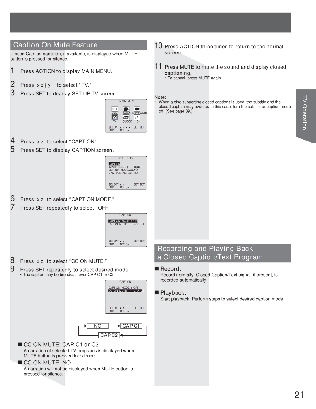 Panasonic AG-520VDH Caption On Mute Feature, Recording and Playing Back Closed Caption/Text Program, „ Record, „ Playback 