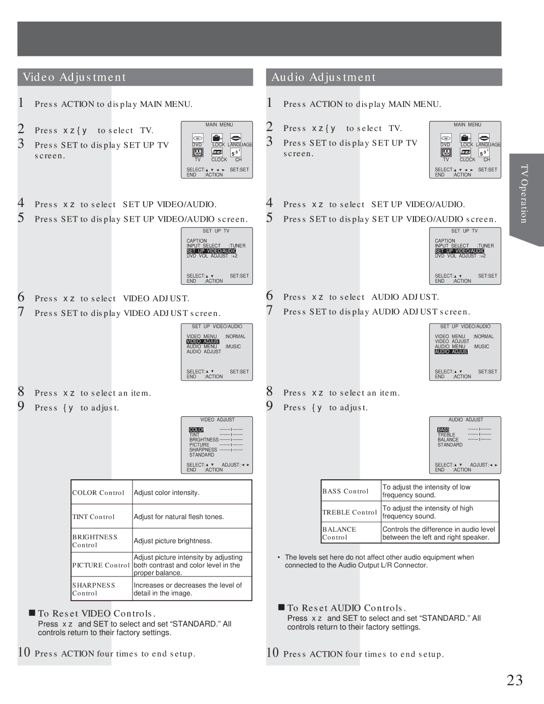 Panasonic AG-520VDH manual Video Adjustment, Audio Adjustment, „ To Reset Video Controls, „ To Reset Audio Controls 