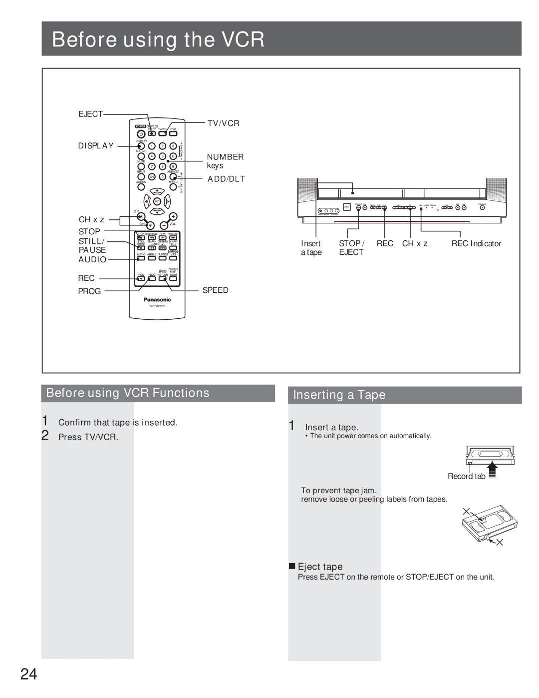 Panasonic AG-520VDH manual Before using the VCR, Before using VCR Functions, Inserting a Tape, „ Eject tape 