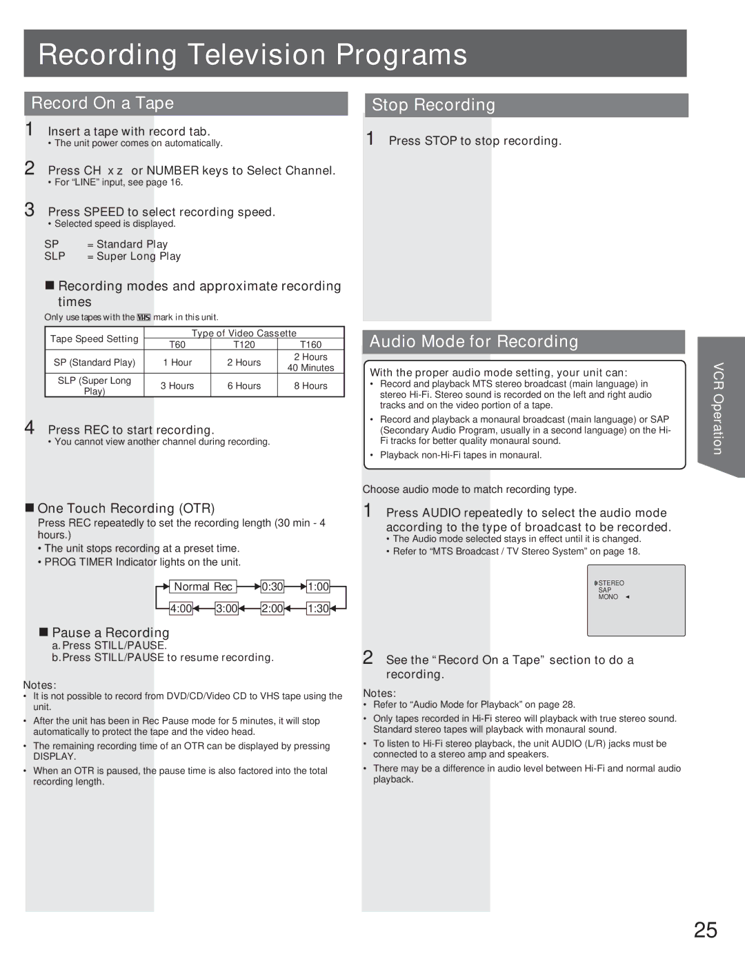 Panasonic AG-520VDH manual Recording Television Programs, Record On a Tape, Stop Recording, Audio Mode for Recording 