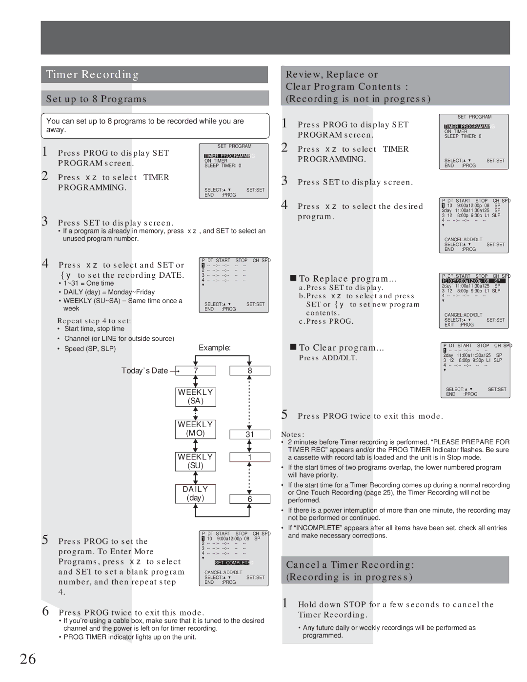 Panasonic AG-520VDH manual Timer Recording, „ To Replace program, „ To Clear program 