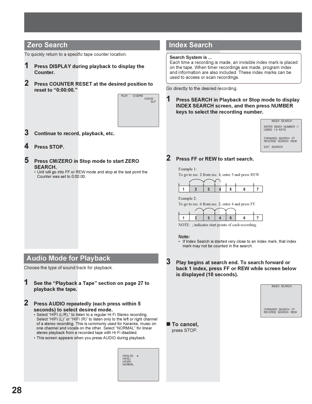 Panasonic AG-520VDH manual Zero Search, Audio Mode for Playback, Index Search, „ To cancel 