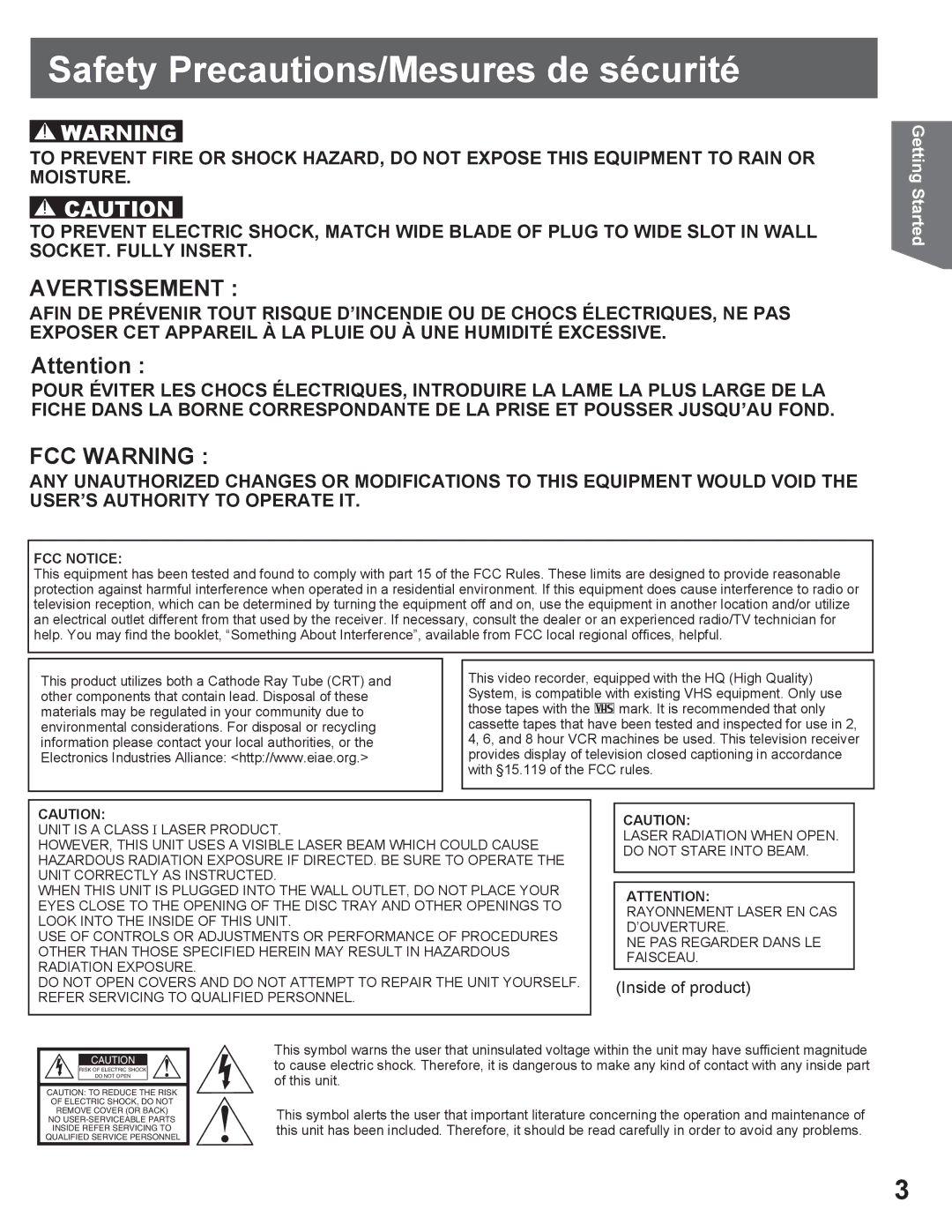 Panasonic AG-520VDH manual Safety Precautions/Mesures de sécurité, FCC Notice 