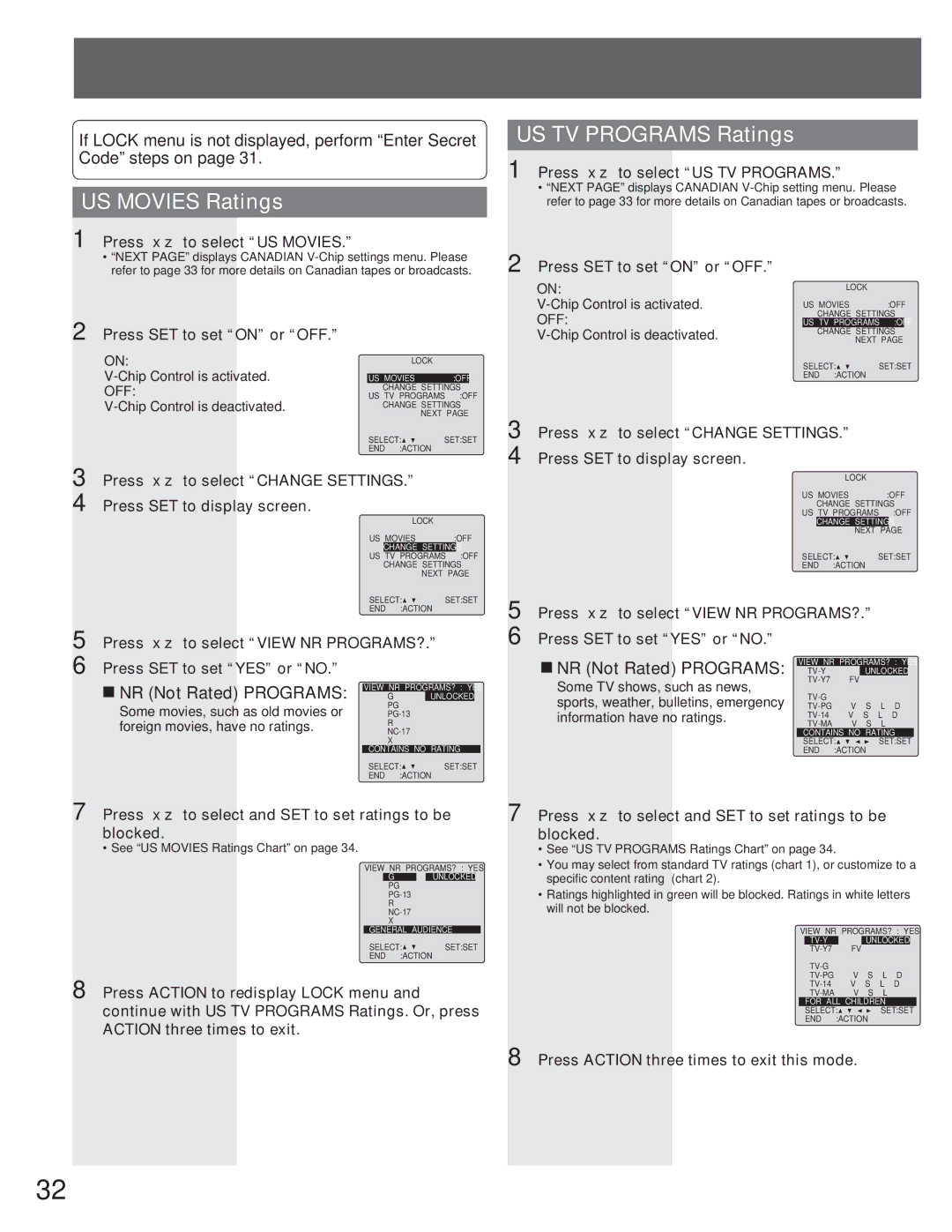 Panasonic AG-520VDH manual US Movies Ratings, US TV Programs Ratings, „ NR Not Rated Programs 