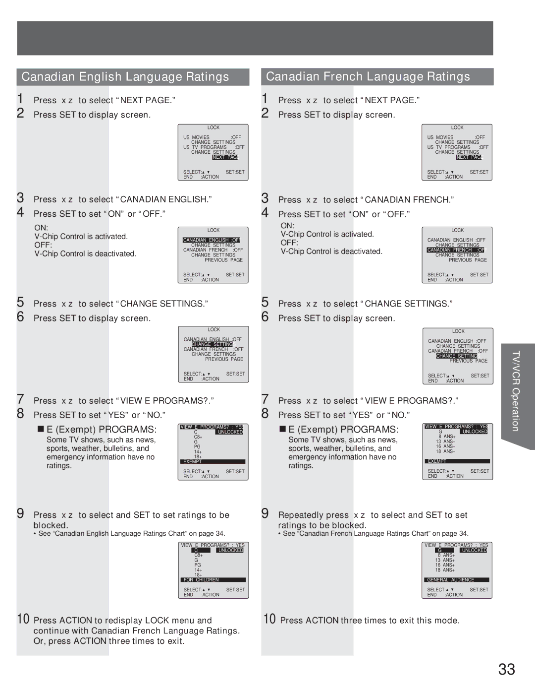 Panasonic AG-520VDH manual Canadian English Language Ratings, Canadian French Language Ratings, „ E Exempt Programs 