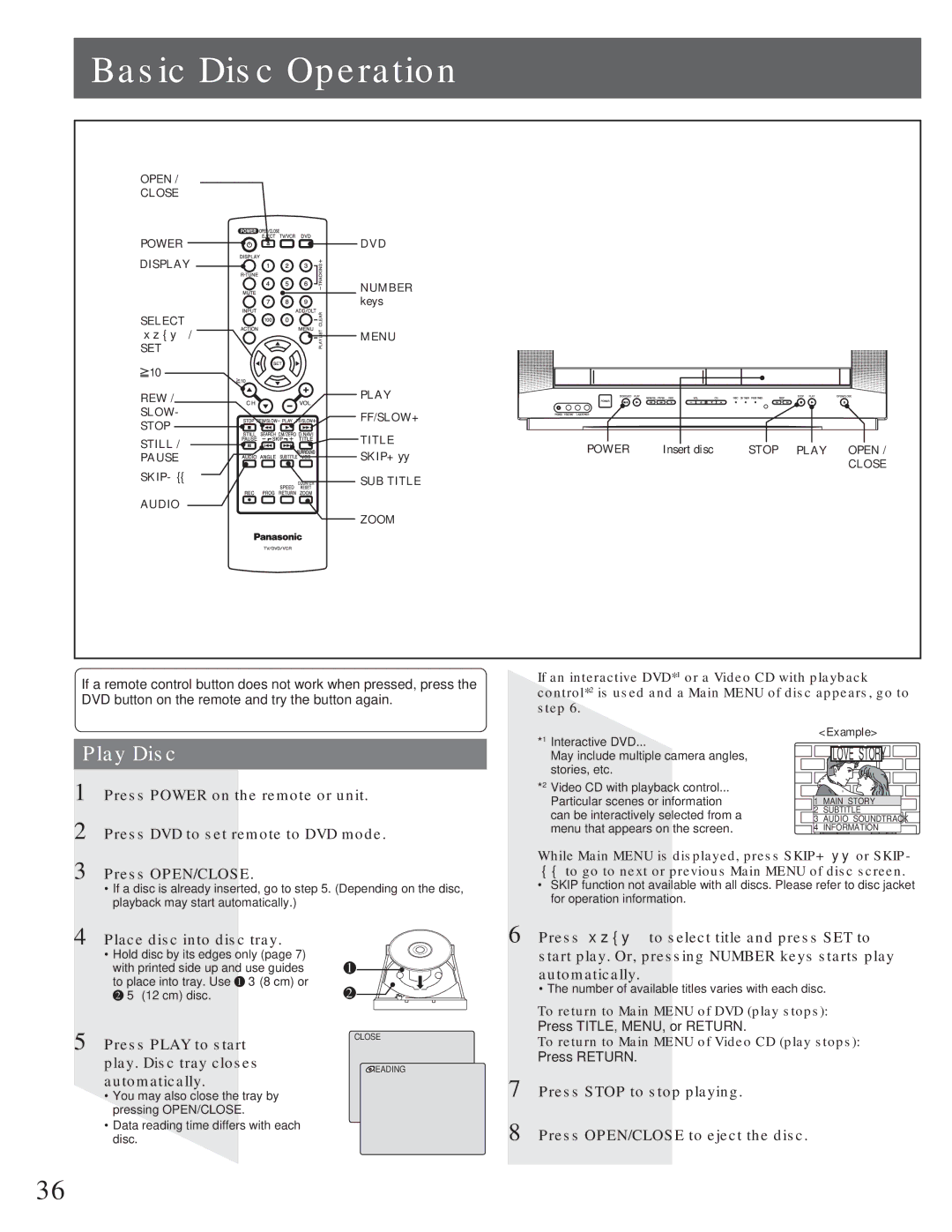 Panasonic AG-520VDH manual Basic Disc Operation, Play Disc, Place disc into disc tray 