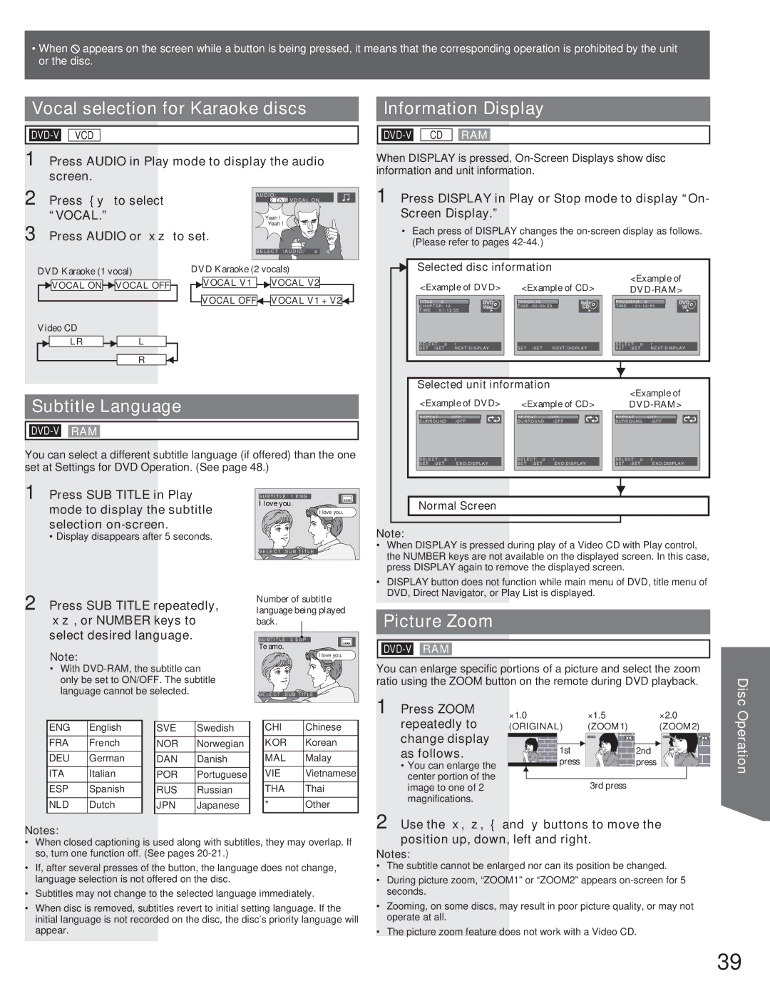 Panasonic AG-520VDH manual Vocal selection for Karaoke discs, Subtitle Language, Information Display, Picture Zoom 