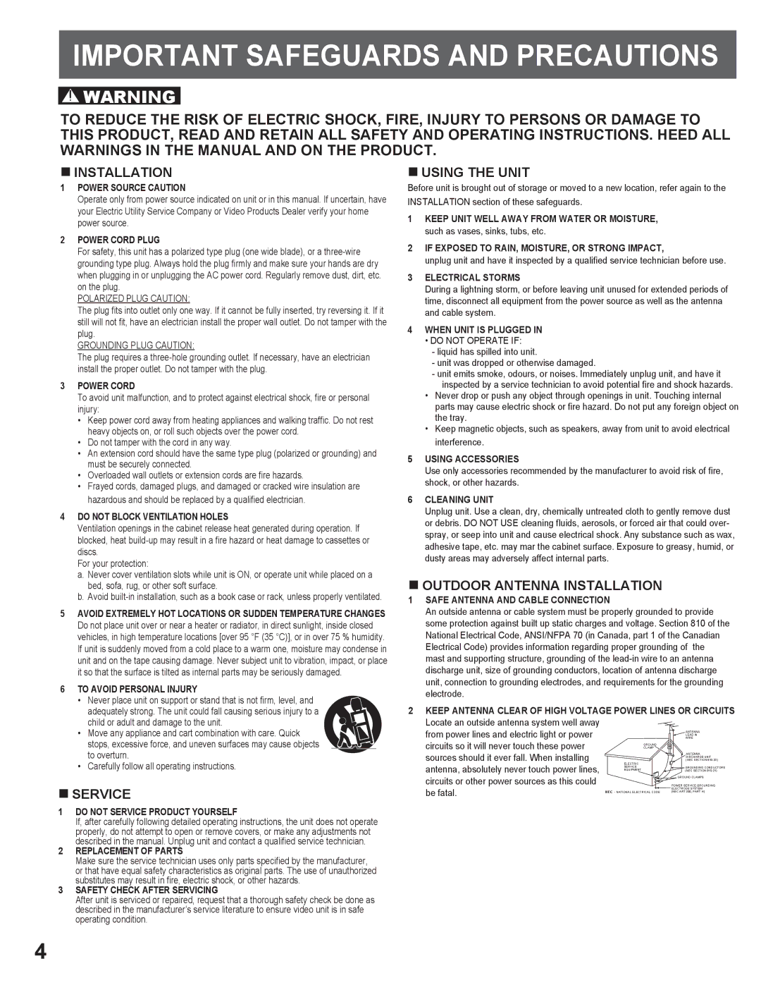 Panasonic AG-520VDH manual Important Safeguards and Precautions 