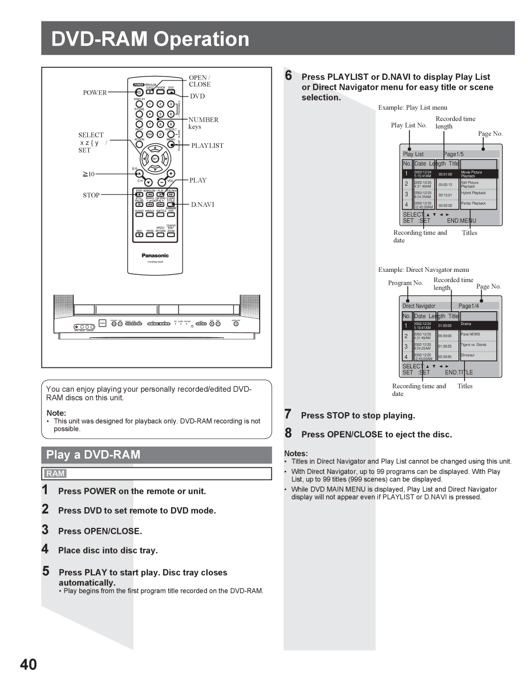 Panasonic AG-520VDH manual DVD-RAM Operation, Play a DVD-RAM 