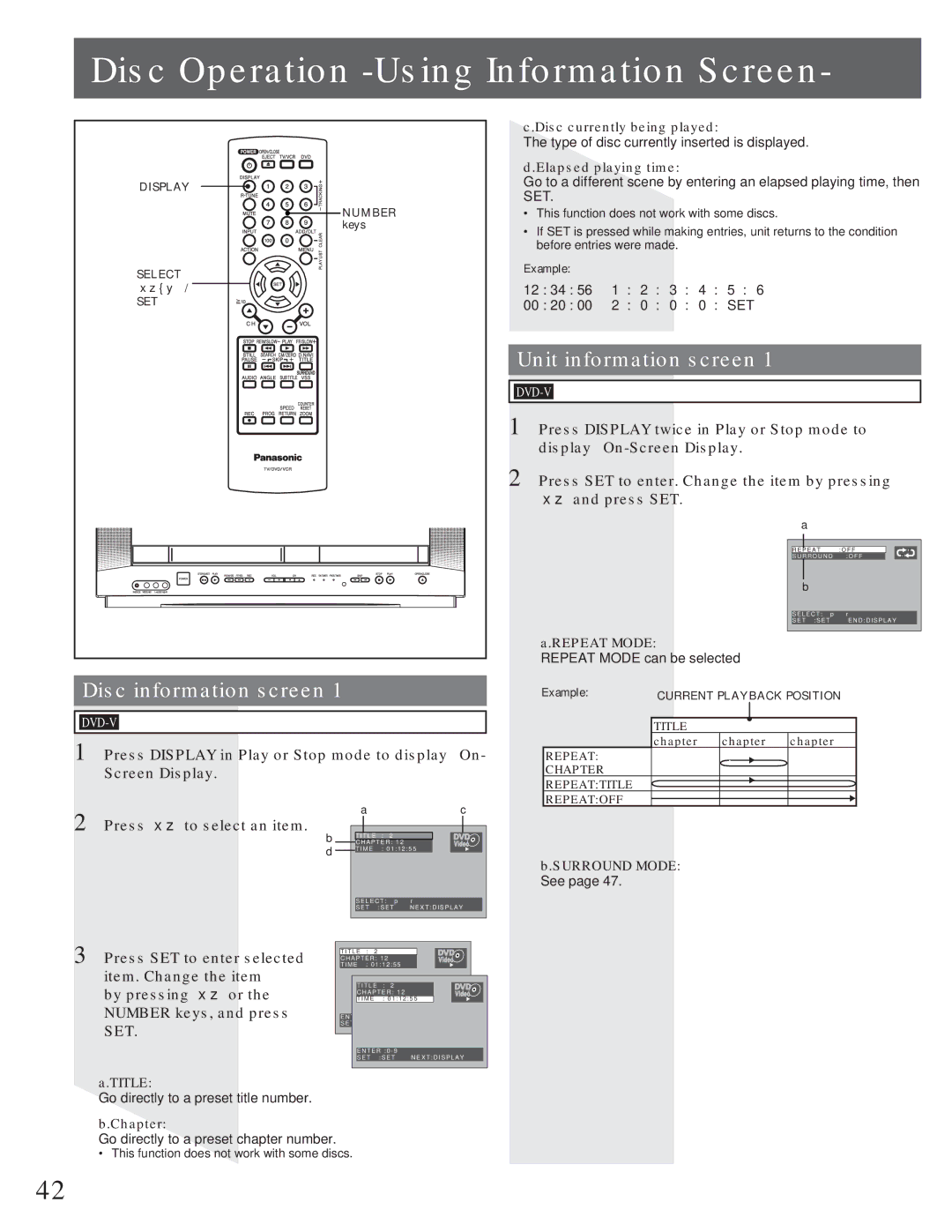 Panasonic AG-520VDH manual Disc Operation -Using Information Screen, Disc information screen, Unit information screen 