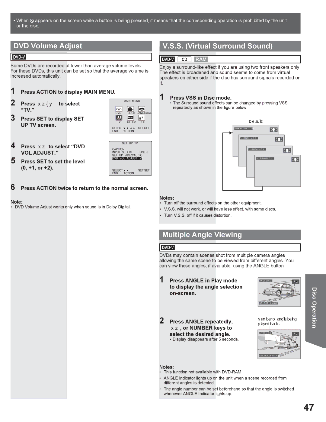 Panasonic AG-520VDH manual DVD Volume Adjust, S. Virtual Surround Sound, Multiple Angle Viewing 