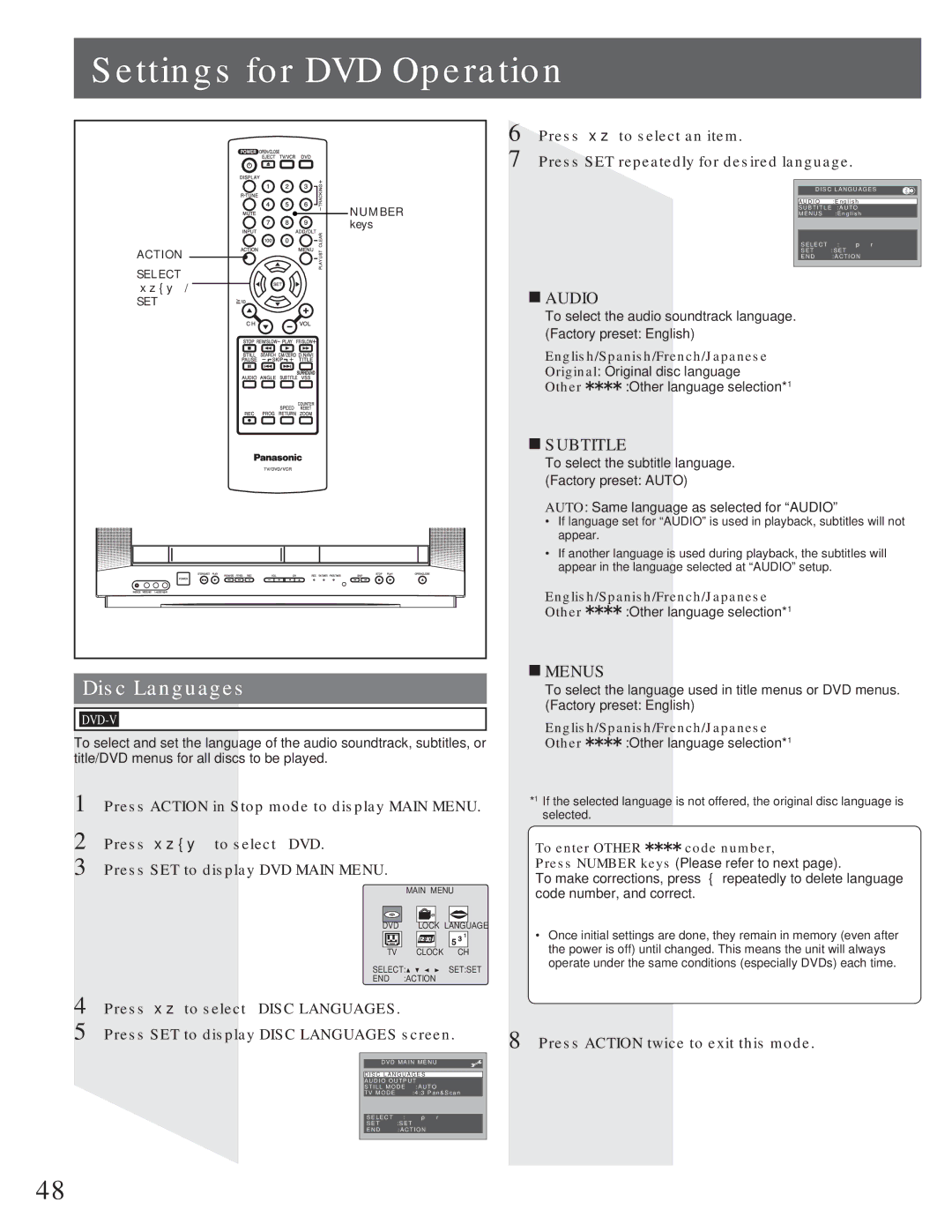 Panasonic AG-520VDH manual Settings for DVD Operation, Disc Languages, English/Spanish/French/Japanese 