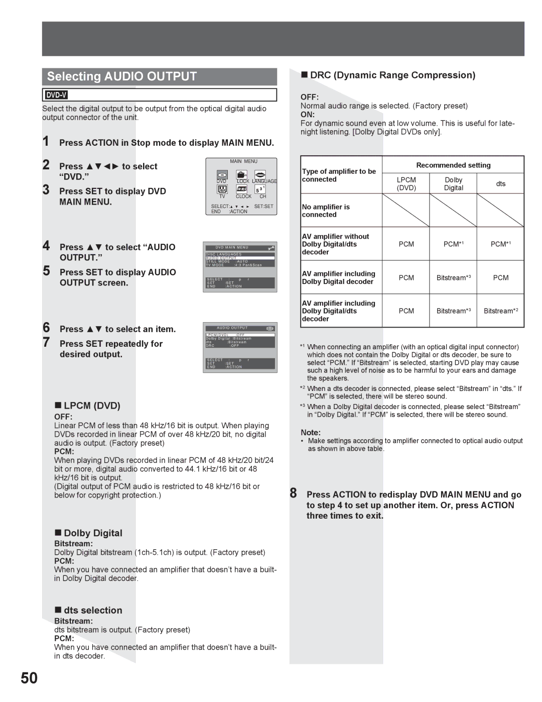 Panasonic AG-520VDH manual Selecting Audio Output, „ DRC Dynamic Range Compression, „ Dolby Digital, „ dts selection, Pcm 