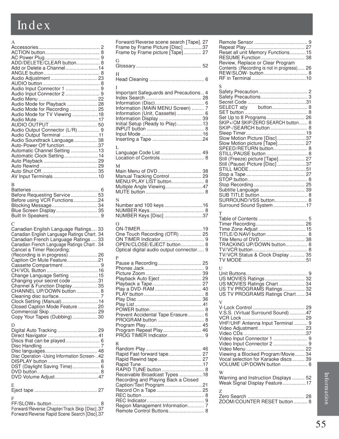 Panasonic AG-520VDH manual Index 