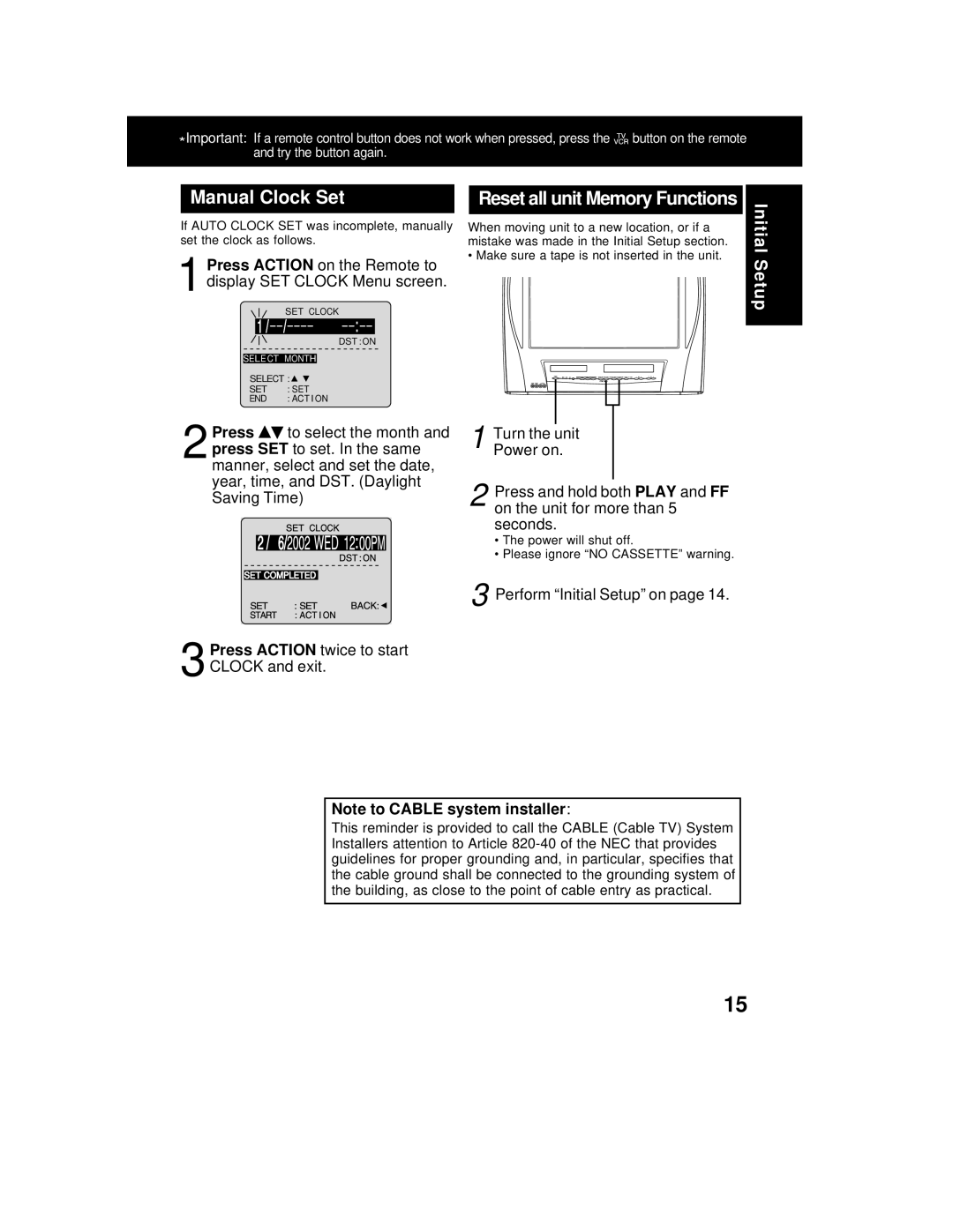 Panasonic AG 527DVDE manual Manual Clock Set, Perform Initial Setup on 