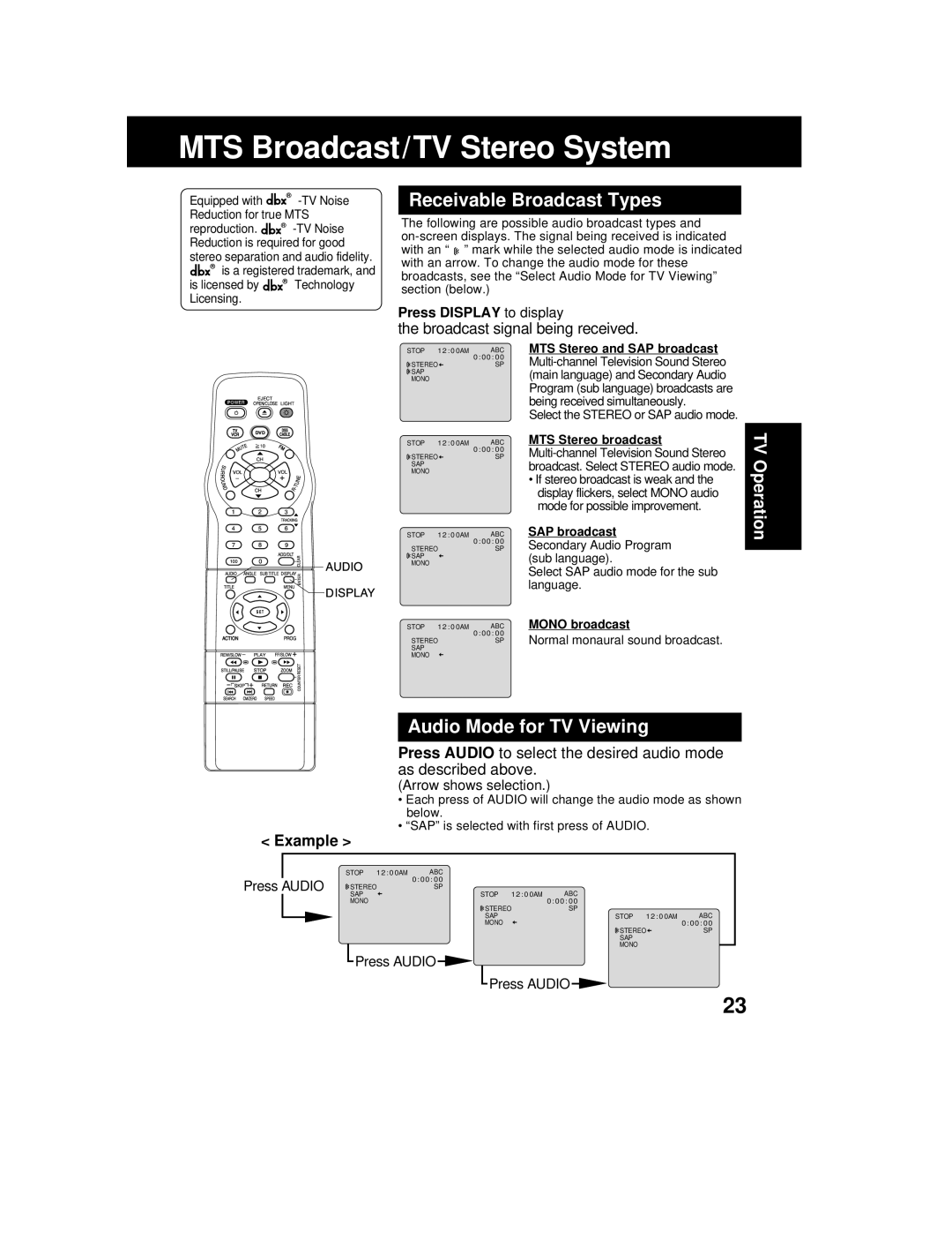 Panasonic AG 527DVDE manual MTS Broadcast/TV Stereo System, Receivable Broadcast Types, Audio Mode for TV Viewing, Example 