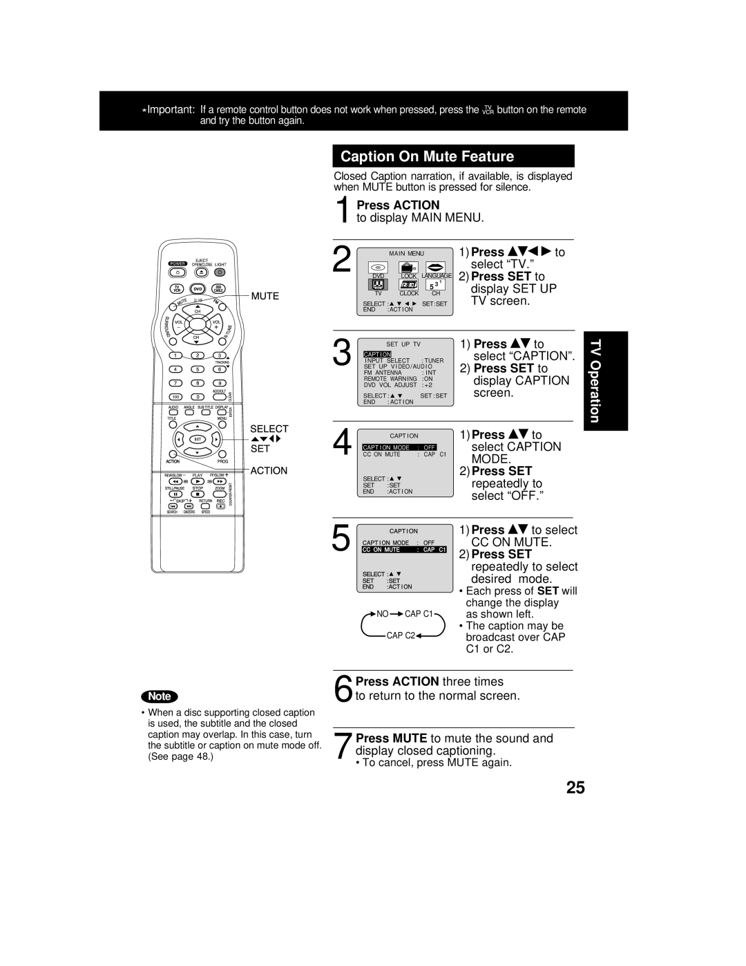 Panasonic AG 527DVDE manual Caption On Mute Feature, Press SET to, 2Press SET, Press Action three times 