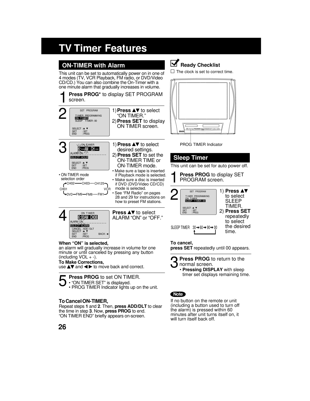 Panasonic AG 527DVDE manual TV Timer Features, ON-TIMER with Alarm, Sleep Timer, Press Prog to display SET Program screen 