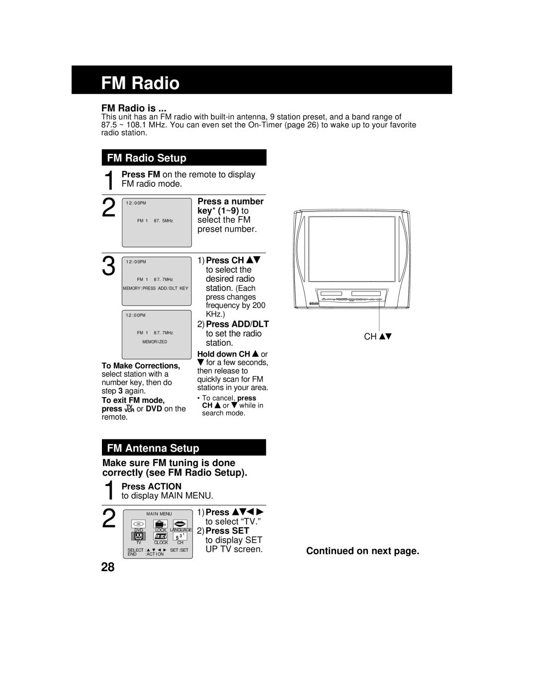 Panasonic AG 527DVDE manual FM Radio Setup, FM Antenna Setup, FM Radio is 