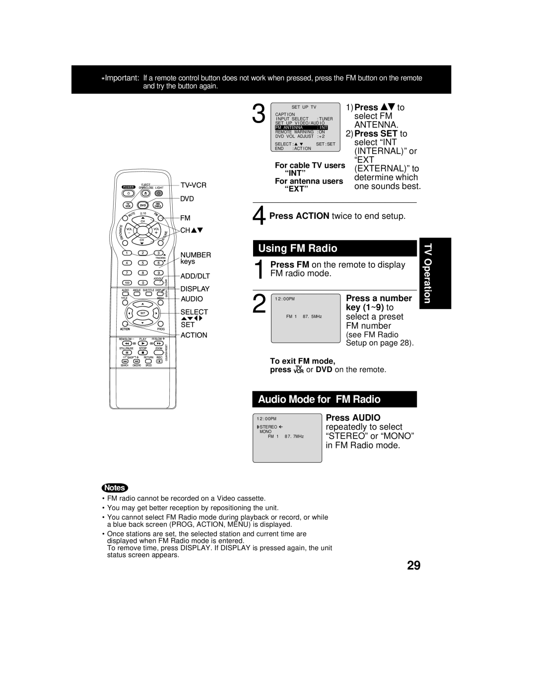 Panasonic AG 527DVDE manual Using FM Radio, Audio Mode for FM Radio, Press to select FM Antenna, Key 1~9 to 