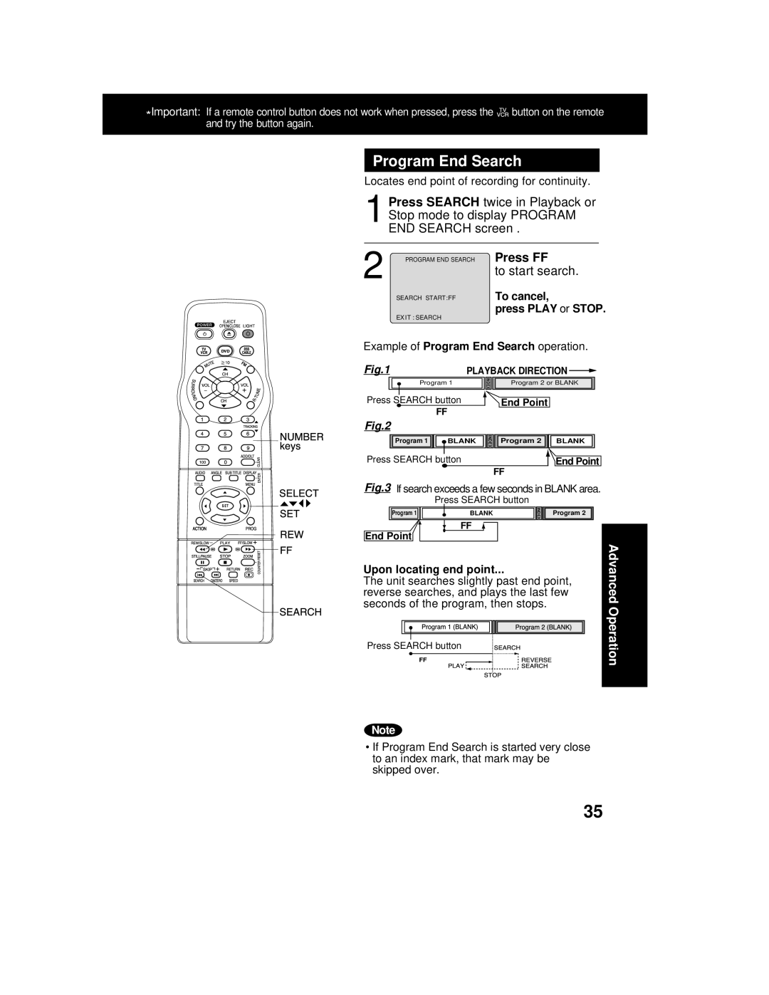 Panasonic AG 527DVDE Program End Search, Press FF, To start search, To cancel Press Play or Stop, Upon locating end point 