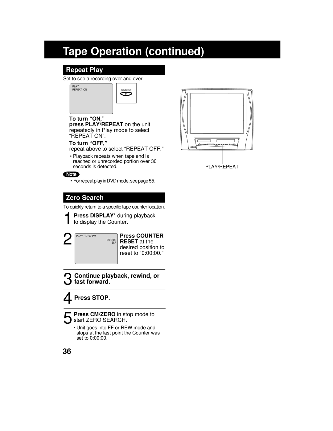 Panasonic AG 527DVDE manual Repeat Play, Zero Search 