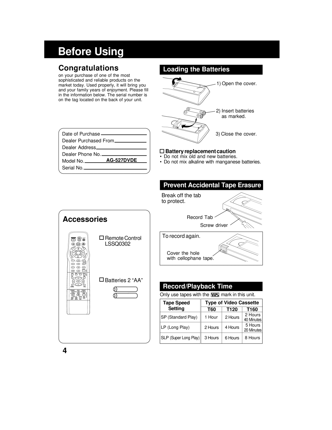 Panasonic AG 527DVDE manual Before Using, Loading the Batteries, Prevent Accidental Tape Erasure, Record/Playback Time 