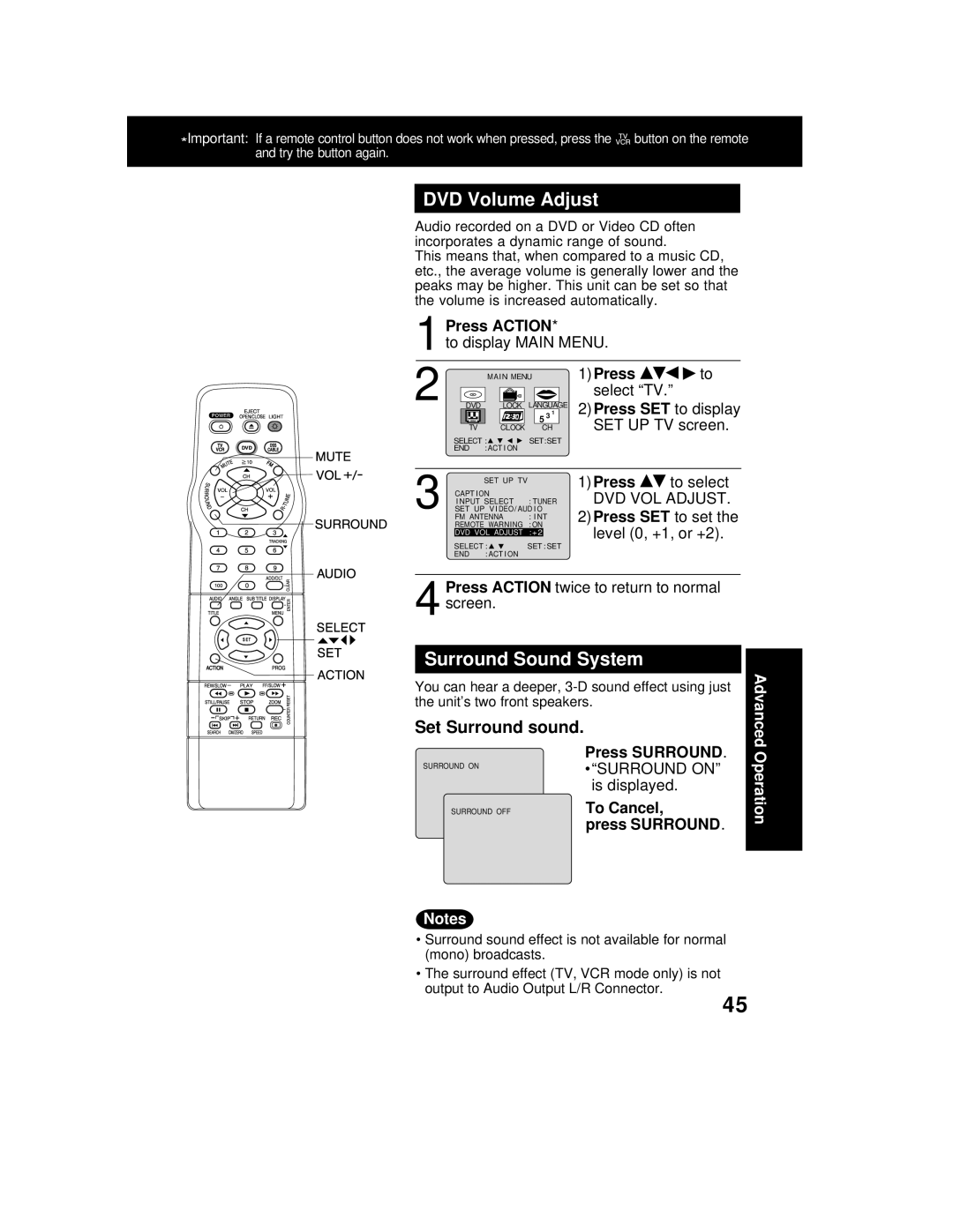 Panasonic AG 527DVDE manual DVD Volume Adjust, Surround Sound System, Set Surround sound, Press Surround, To Cancel 