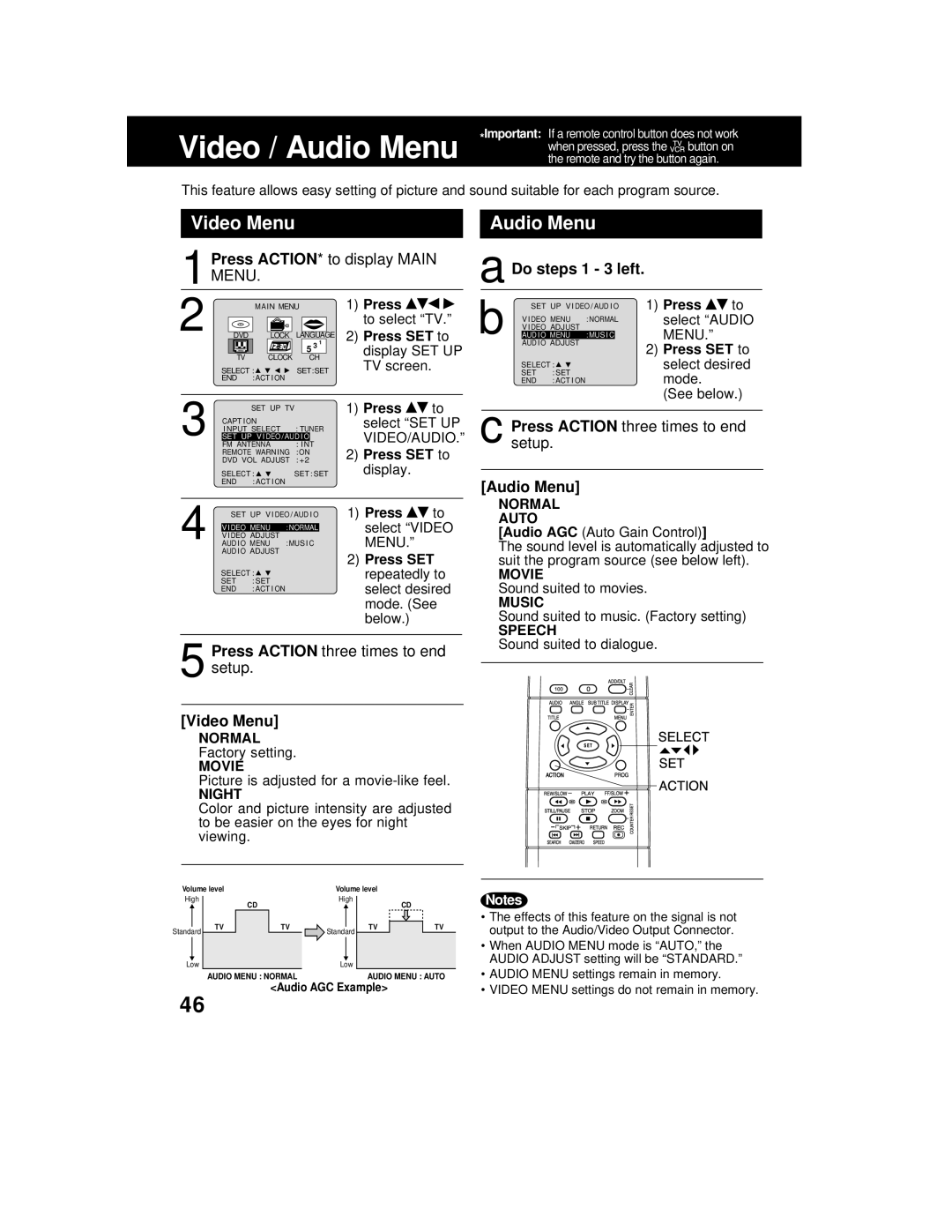 Panasonic AG 527DVDE manual Video Menu, Audio Menu, Do steps 1 3 left 