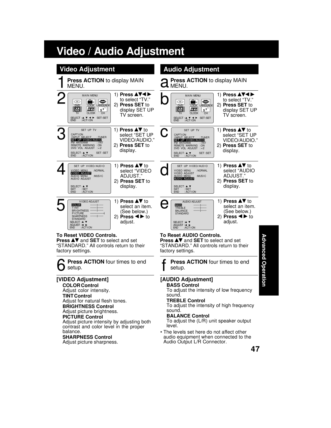 Panasonic AG 527DVDE manual Video / Audio Adjustment, Video Adjustment 