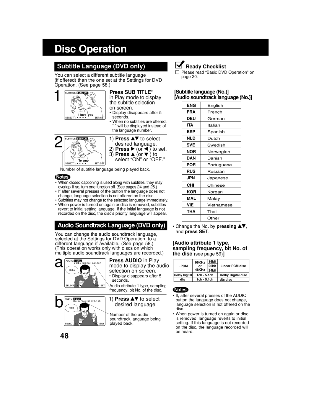 Panasonic AG 527DVDE manual Disc Operation, Subtitle Language DVD only, Press SUB Title 